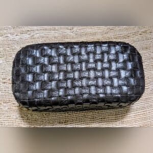 Bottega Veneta leather weave hard sided glasses clam case in brown